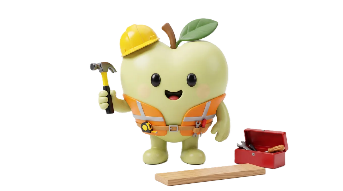 Pomy, la mascotte myLocalShop, en tenue de chantier